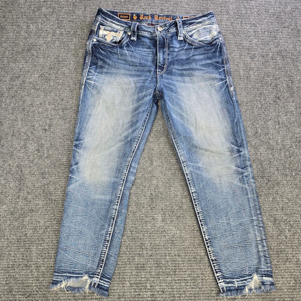 Rock Revival Jeans Womens Arjean 32x25 Blue Easy Ankle Skinny Distressed